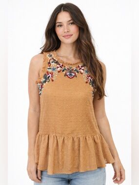 Love on a Hanger Embroidered Boho Tank Top XS Mustard Swiss Dot Ruffle Hem
